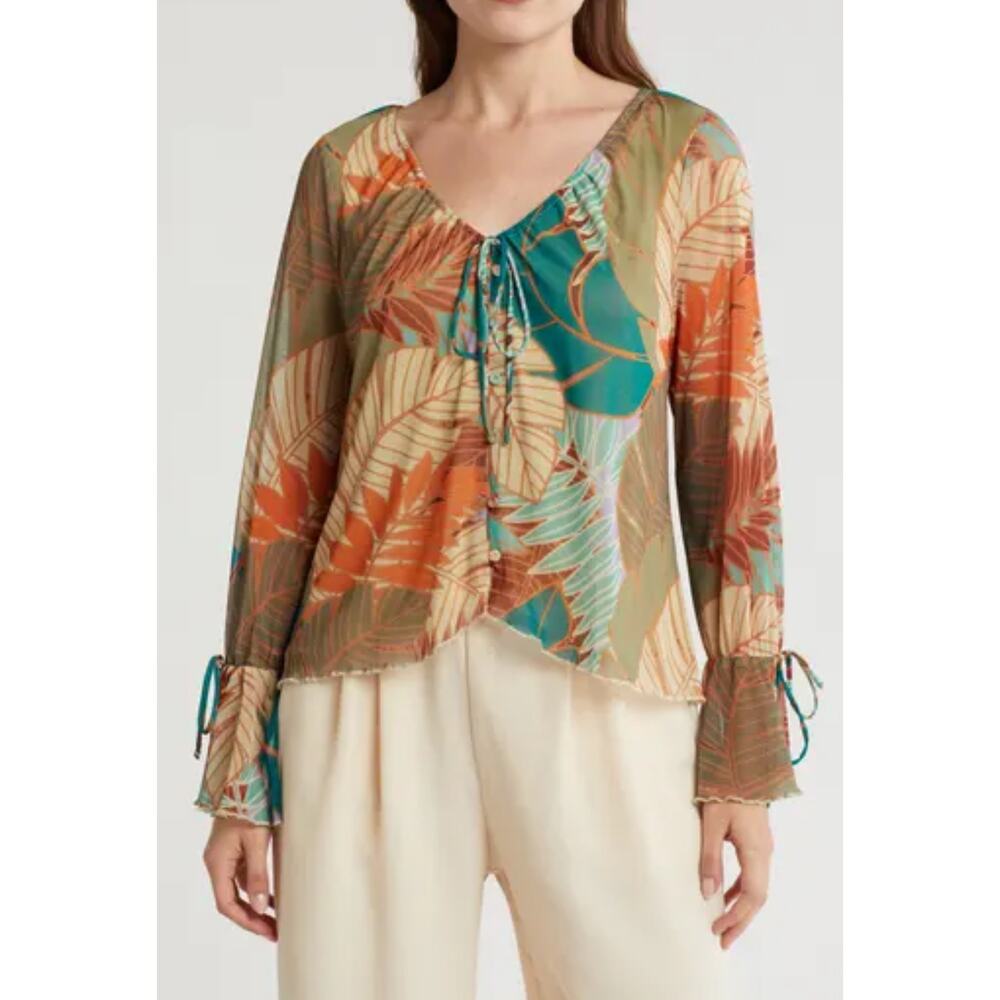 DR2 By Daniel Rainn Blouse Sheer Leaf Print Button Up Bell Sleeve Women's L NWOT